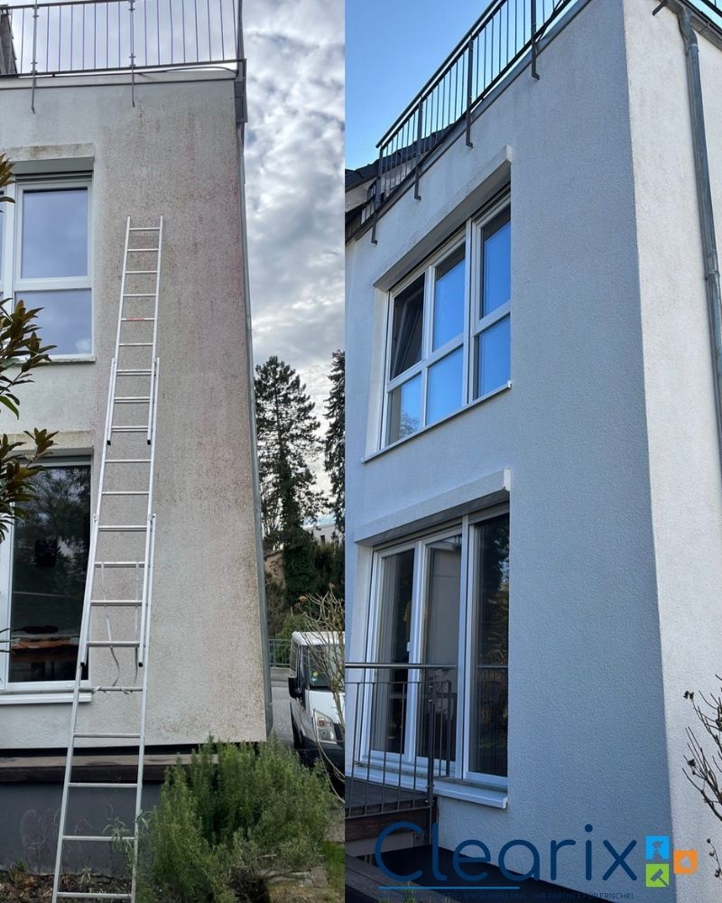 Fassadenreinigung in Darmstadt – deutlich sichtbarer Unterschied vor und nach der Reinigung durch Clearix