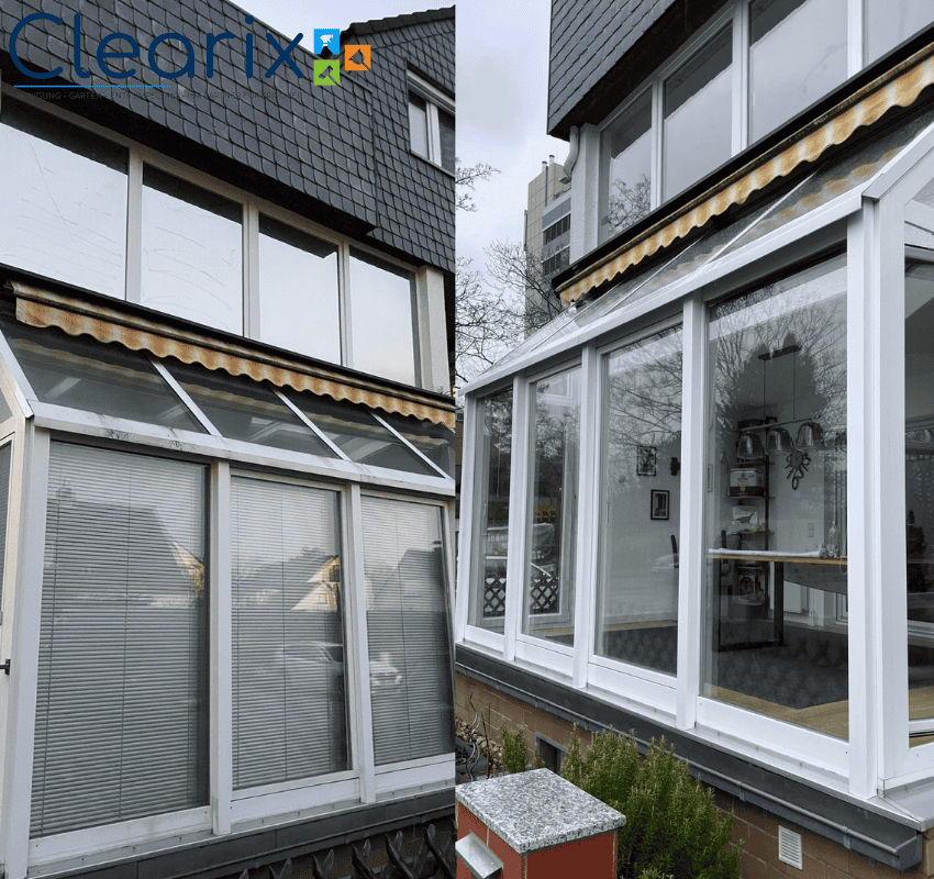 Professionelle Glasreinigung eines Wintergartens und Terrasse in Darmstadt durch Clearix