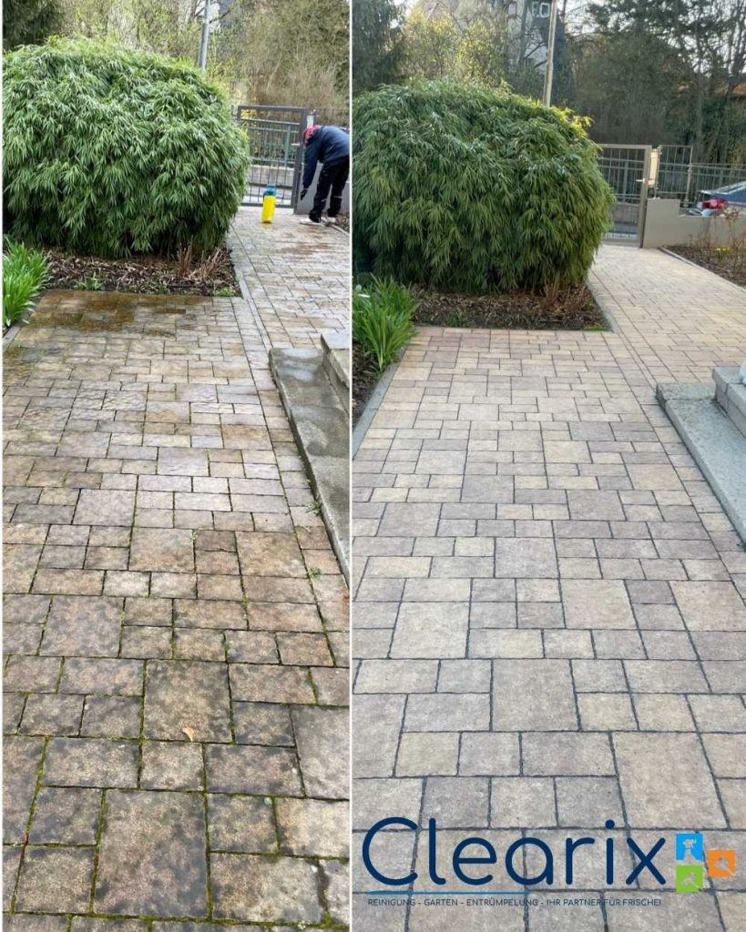 Professionelle Steinreinigung einer Terrasse in Darmstadt – vorher und nachher Vergleich